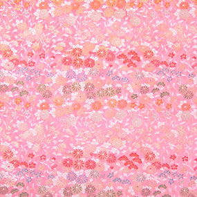 ポリエステル金襴ピンク系 菊、桔梗、女郎花柄 三丁 厚さ:中厚24cm角見本