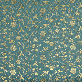 ポリエステル金襴青系 紗綾型地に唐草柄 古代 厚さ:中厚24cm角見本