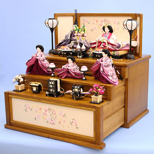 雛人形三段収納飾り 引き出し式オーク60㎝幅 横から