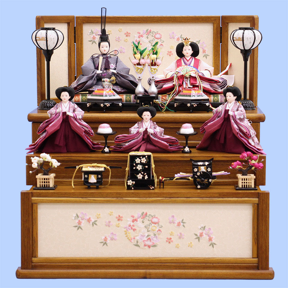 雛人形収納三段飾り 幅60cm芥子五人 花丸刺繍 オーク引き出し式 – 寿鳳