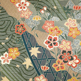 ポリエステル金襴青系友禅グレー系 道長に唐花柄 厚さ:中厚24cm角見本