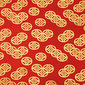 ポリエステル金襴赤系 雲に七宝柄 厚さ:薄手24cm角見本