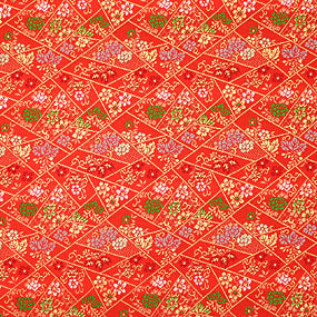 ポリエステル金襴赤系 牡丹と桐柄 厚さ:薄手24cm角見本