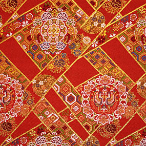 ポリエステル金襴赤系 鳳凰の花紋柄 暑さ:厚手24cm角見本