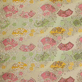 ポリエステル金襴黄色系 扇面に小花 二丁 厚さ:薄手24cm角見本