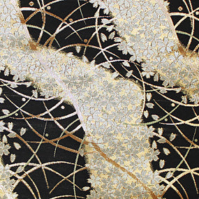 ポリエステル金襴黒系系 流水桜柄 錦囃子 厚さ:中厚24cm角見本