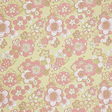 ポリエステル金襴黄色、クリーム系 梅づくし 厚さ:厚手24cm角見本