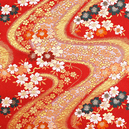 ポリエステル金襴 赤系 流水にさくら 厚さ:厚手24cm角見本