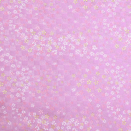 ポリエステル金襴 紫系 市松地に小花柄 厚さ:中厚24cm角見本