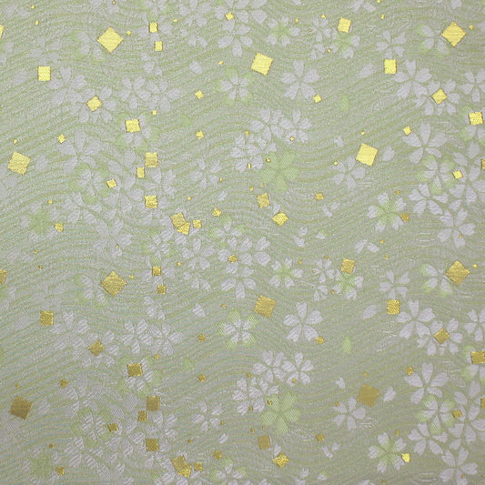 ポリエステル金襴 緑系 流水桜に箔散し柄 厚さ:中厚24cm角見本