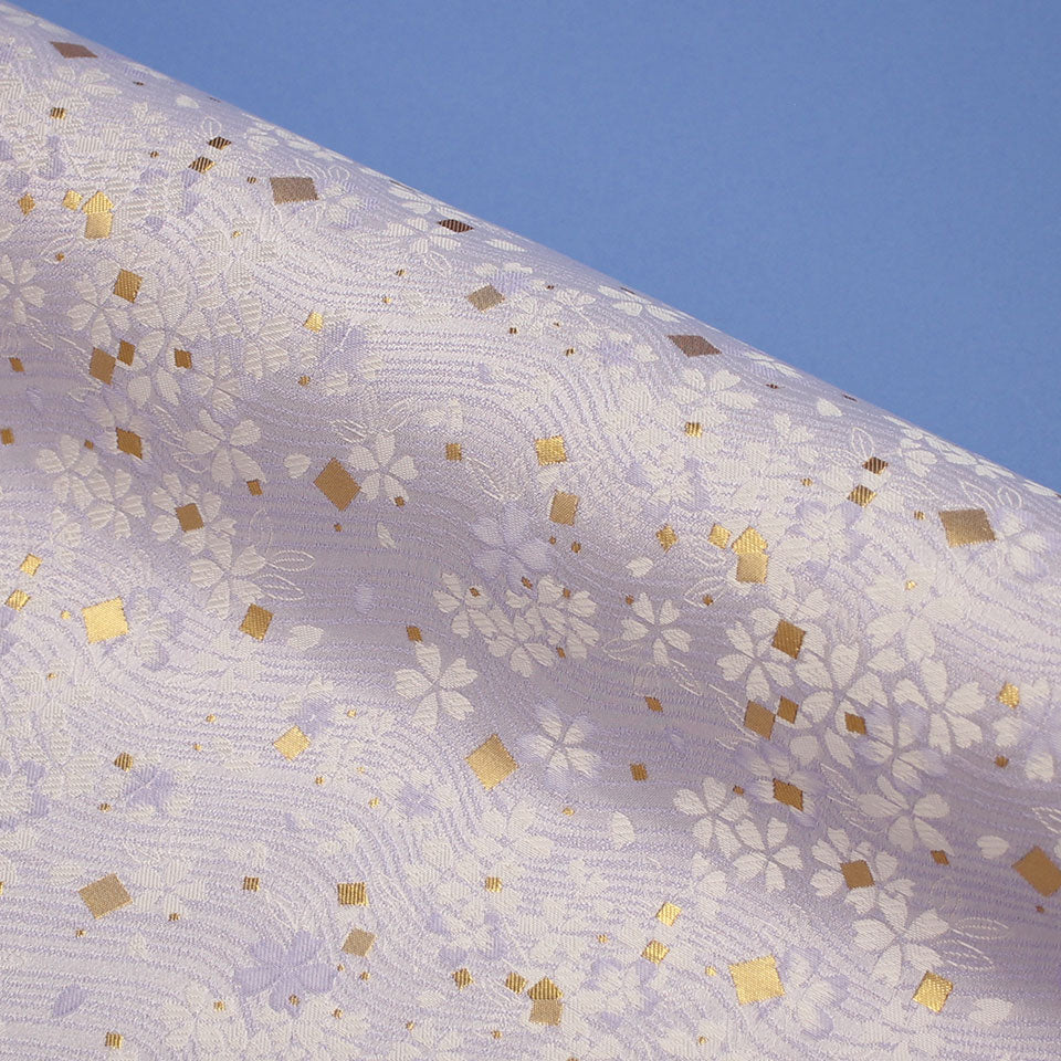 ポリエステル金襴 紫系 流水桜に箔散し柄 厚さ:中厚イメージ