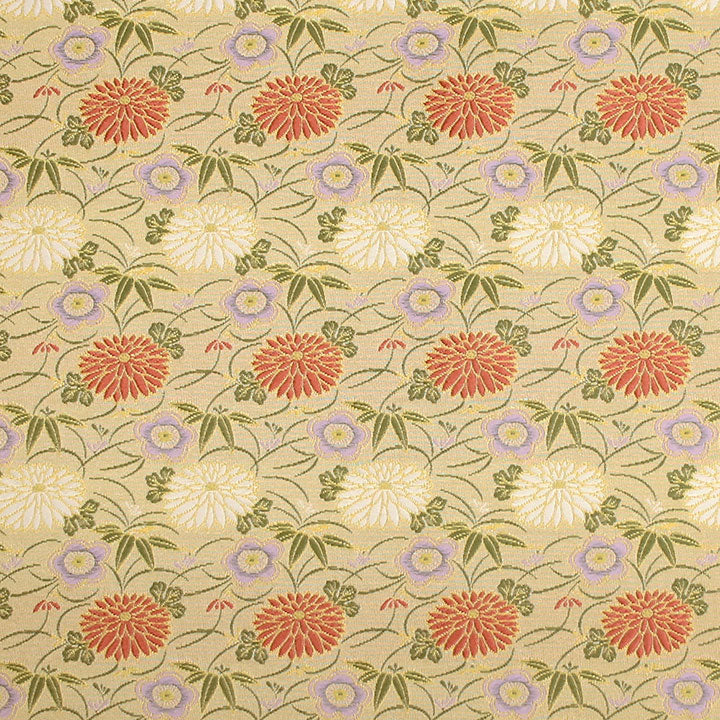 ポリエステル金襴 琳派名物裂 ベージュ系 菊・梅 厚さ:中厚24cm角見本