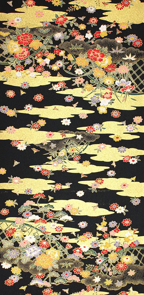 こちらの友禅布は段織のため、33cm幅の75cmを一つの単位として販売いたします。こちらの商品は、ポリエステル金彩着尺友禅 黒系 ボタン等:薄手イメージ