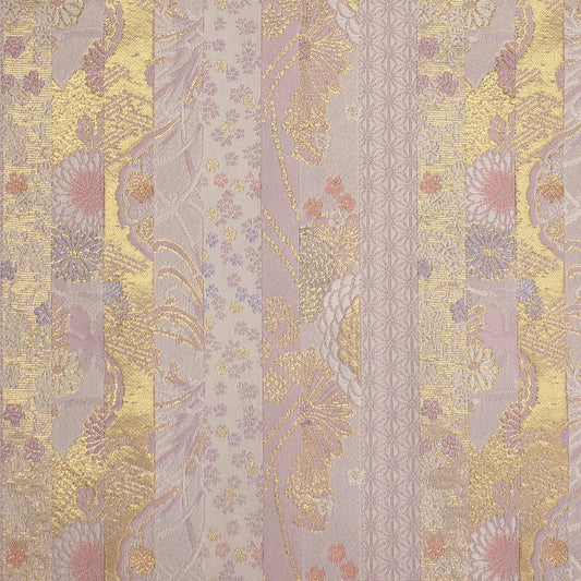 ポリエステル金襴 洛レイ胴入 ピンク系 菊・麻の葉他 厚さ:中厚24cm角見本