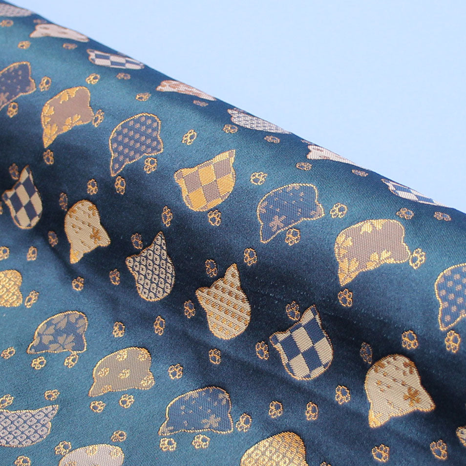 ポリエステル金襴 三丁サビ 青系 猫 厚さ:薄手イメージ