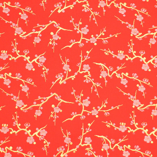 ポリエステル金襴 寿三丁 赤系 枝梅 厚さ:中厚24cm角見本