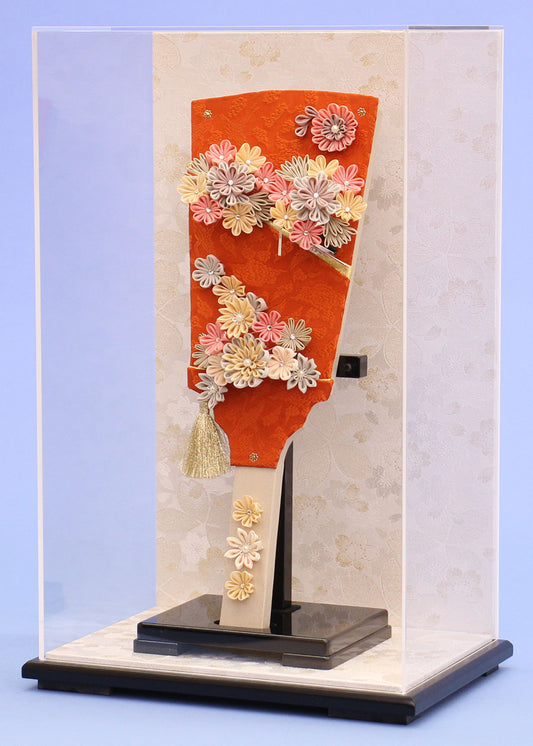 13号つまみ簪羽子板オレンジ鶴 白桜 横から