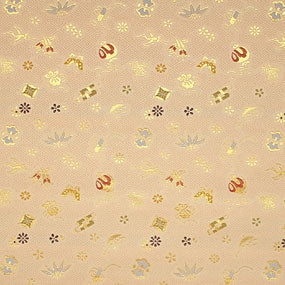 ポリエステル金襴白系 宝尽くし柄 厚さ:中厚24cm角見本