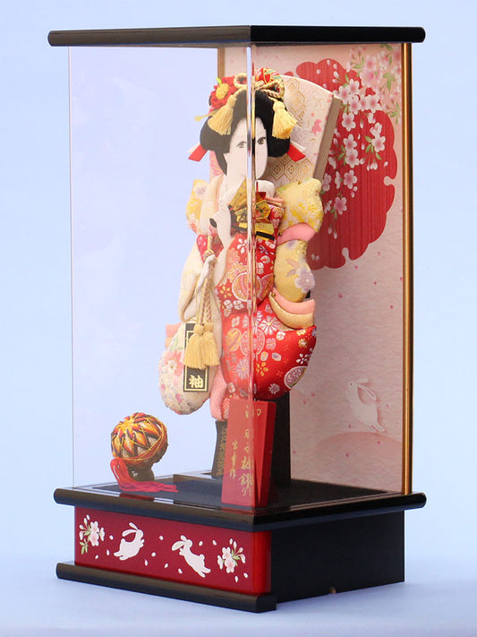 10号押絵羽子板飾り 桜ウサギ(赤) 横から