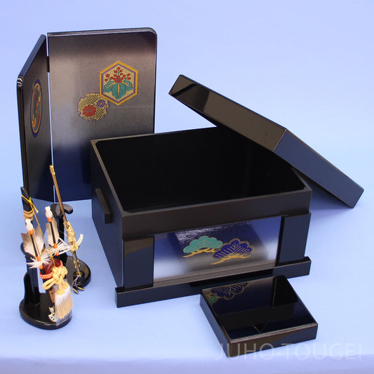 五月人形用収納台屏風 幅 34cm 宝尽くし収納台、屏風、弓太刀セット