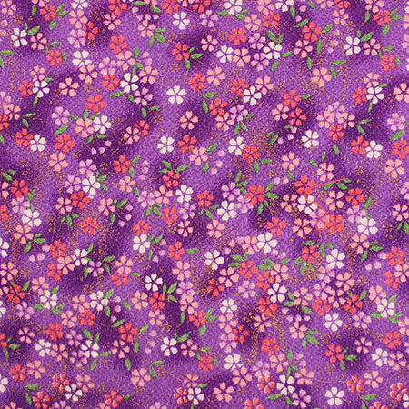 レーヨン金彩柄縮緬 紫系 小花柄 厚さ:薄手24cm角見本