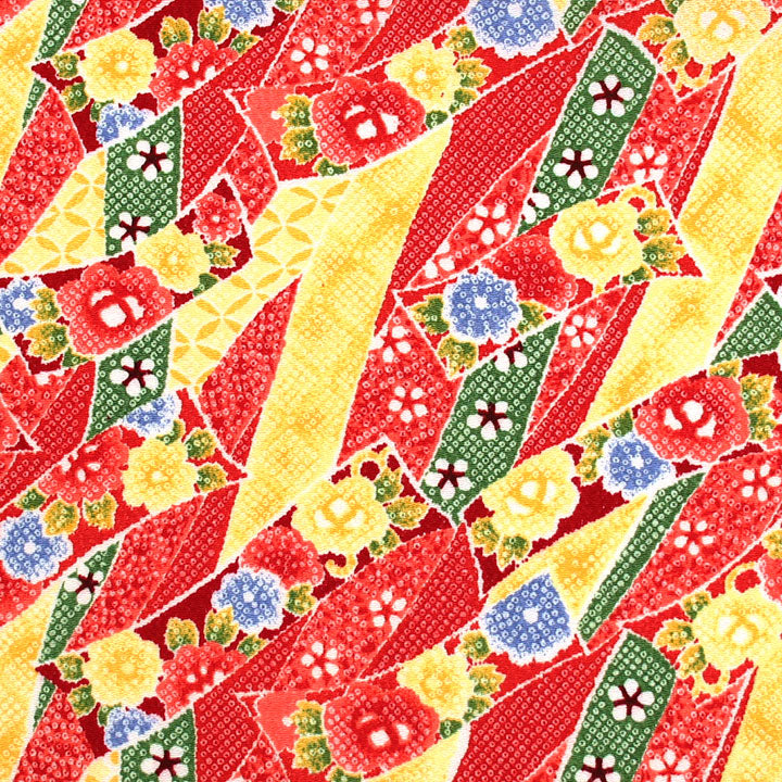 レーヨン柄縮緬 赤系 花短冊 絞り柄 厚さ:薄手24cm角見本