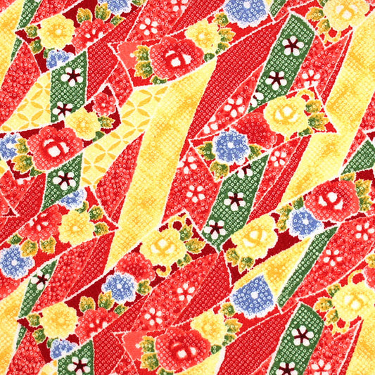 レーヨン柄縮緬 赤系 花短冊 絞り柄 厚さ:薄手24cm角見本