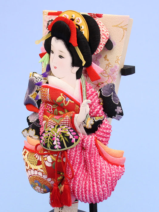 押絵羽子板 上金襴と鹿の子華舞(藤娘) 台付き 左から