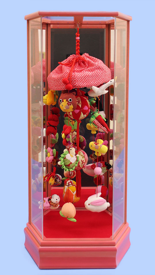 つるし雛ケース飾り 高さ65.5cm ピンク(中)アクリル バックが鏡になったおしゃれなお雛様