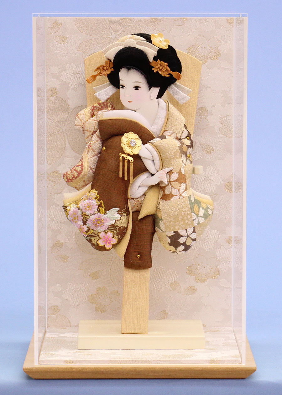 09号押絵羽子板 金彩刺繍美月茶 白桜ケース飾り