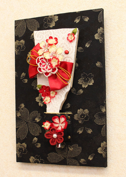 赤いリボンの髪飾りが外せる壁掛け羽子板 壁掛けイメージ