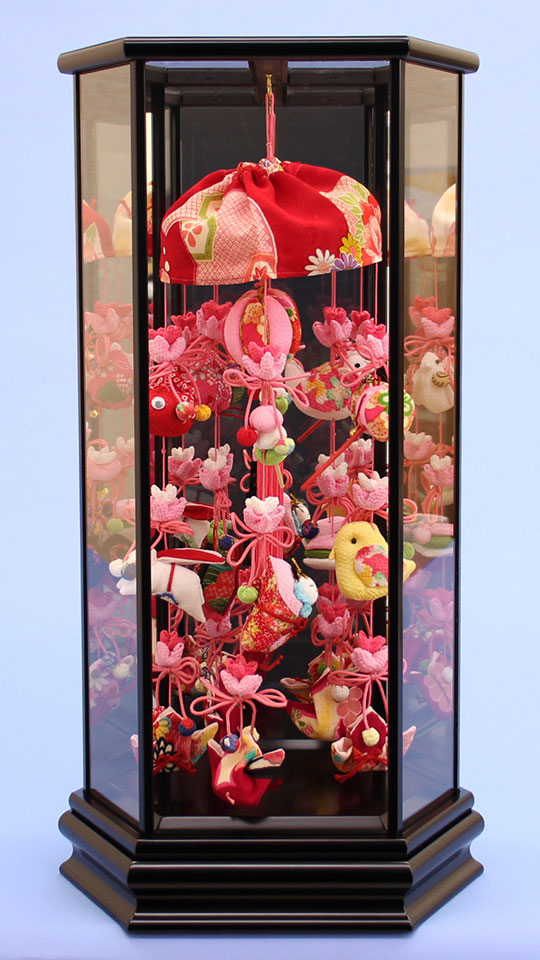 つるし雛ケース飾り 高さ52cm 吉姫12号 tkk746 バックが鏡になったおしゃれなお雛様