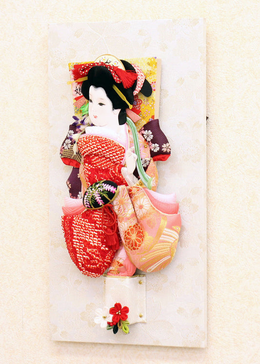 押絵羽子板 振袖鹿の子藤娘 壁掛け飾り スタンド付き 壁掛イメージ