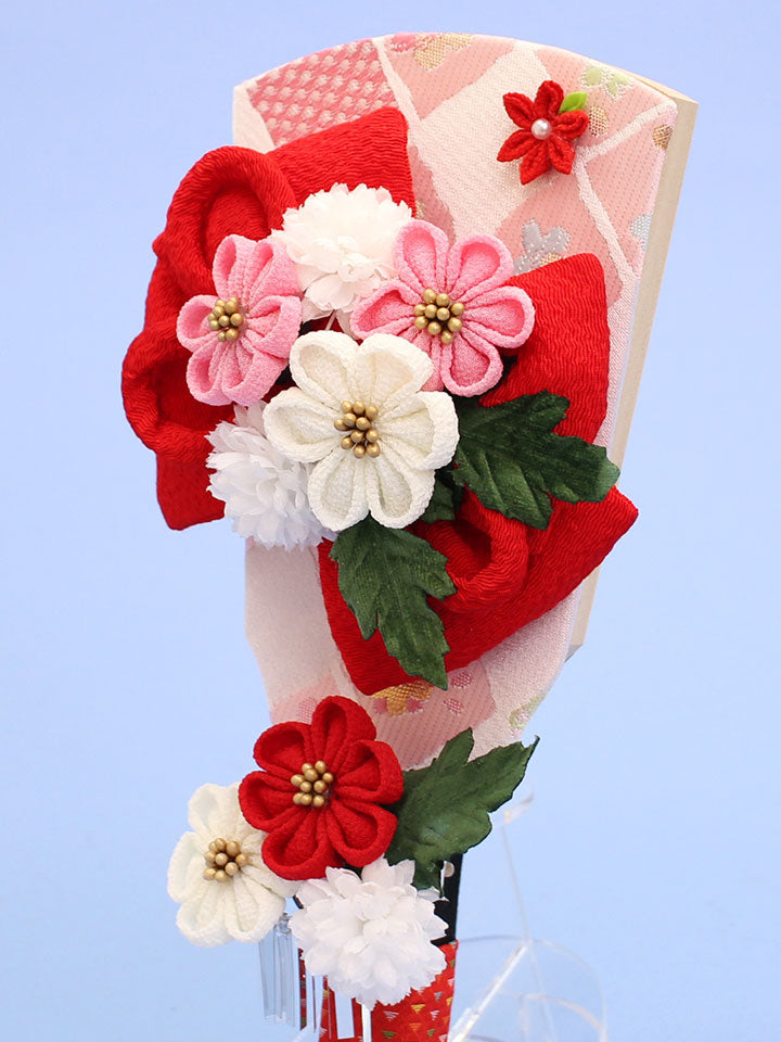 髪飾り羽子板縮緬リボン 赤 ズーム