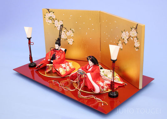 扁平雏人偶展示 宽60cm 京都第12代高级金线刺绣红色花卉阿拉贝斯克