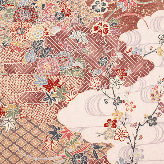 ポリエステル友禅縮緬 着物地 枝梅、撫子、菊、紗綾形 厚さ:薄24cm角見本