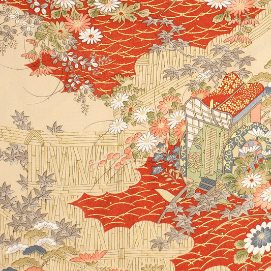 正絹金彩友禅縮緬 着物地 御所車、秋草 厚さ:薄手24cm角見本