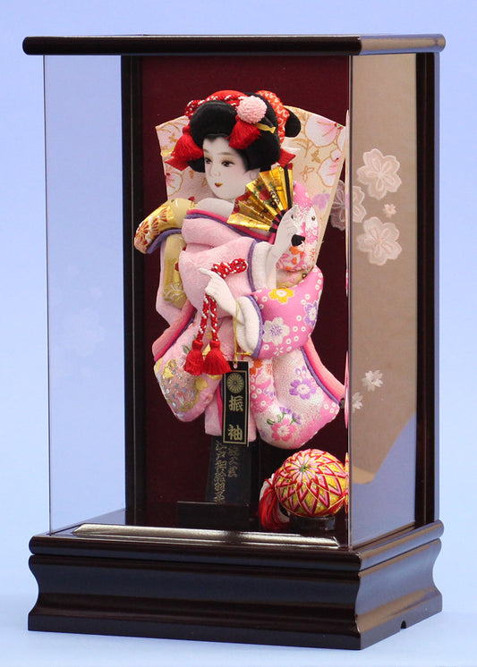 9号押絵羽子板 ピンク振袖 アクリルブドウケース飾り