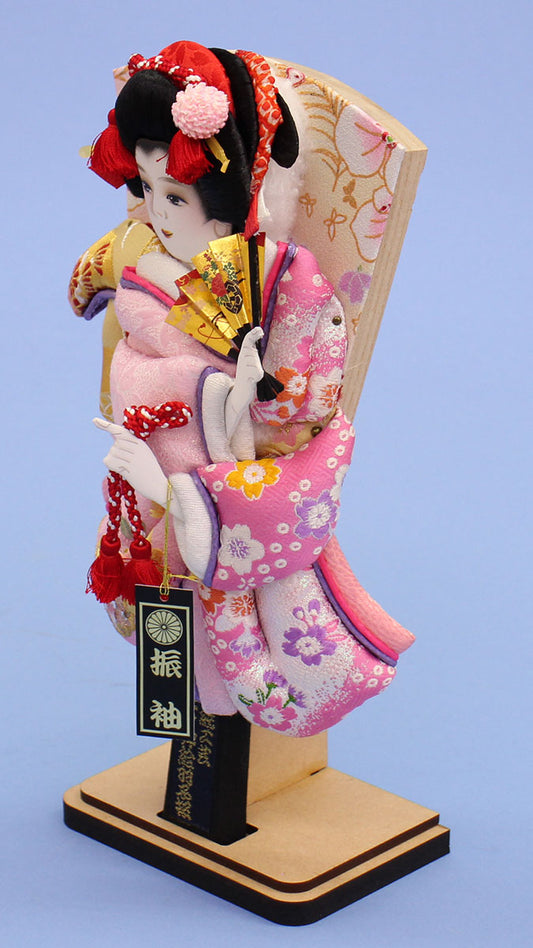 押絵羽子板 ピンク振袖 台付き 右から