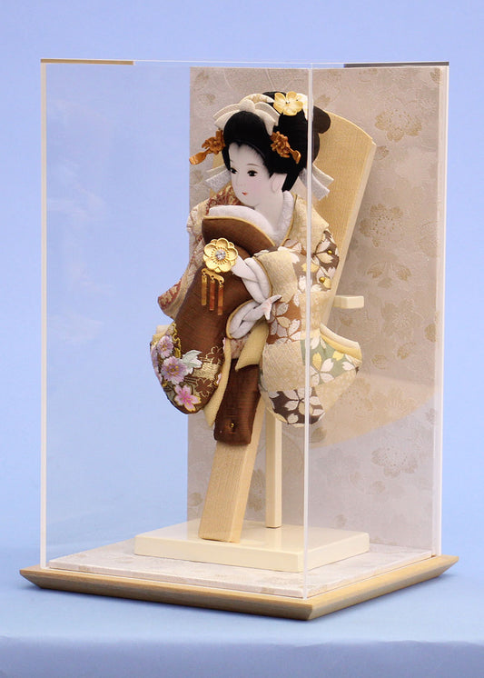 9号押絵羽子板 金彩刺繍美月茶 白桜ケース飾り