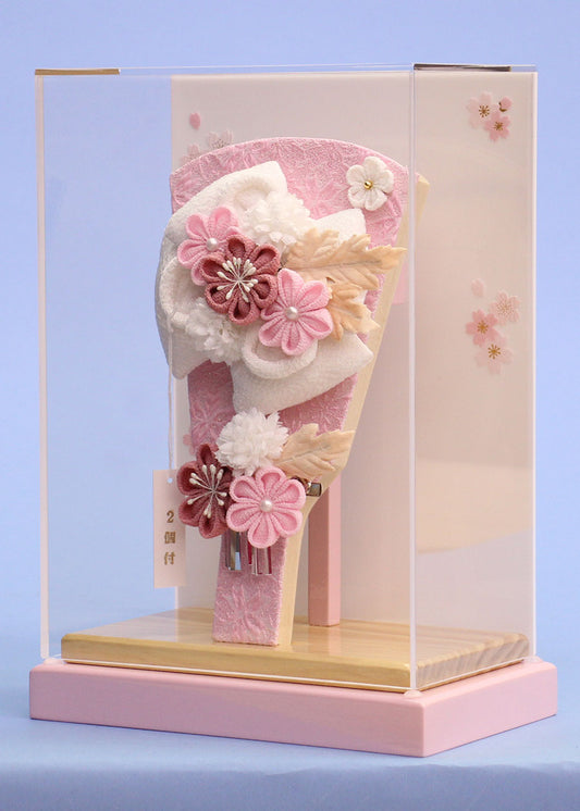 7号羽子板縮緬リボン簪白 ナチュラルピンク薄型ケース飾り