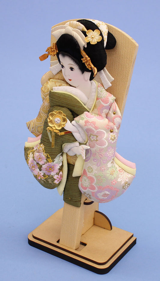 押絵羽子板 金彩刺繍美月緑 台付き 右から