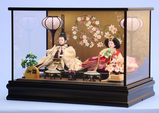 雛人形ケース飾り 二人 幅 小三五刺繍親王 金彩バック 横から