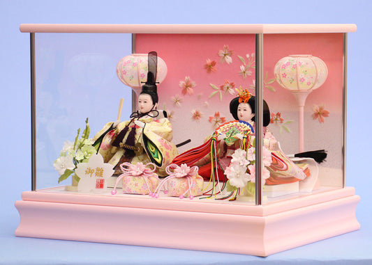 雛人形ケース飾り 二人 小芥子親王 薄ピンク 横から