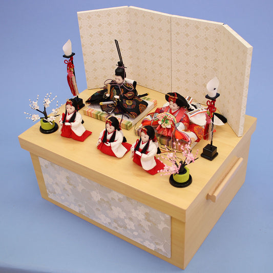 雛人形収納飾り 幅40cm豆びな五人 白桜収納飾り 上から
