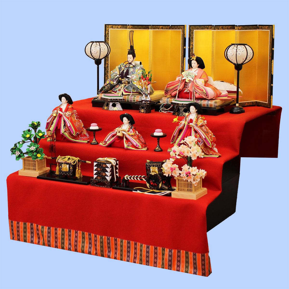 雛人形三段飾り 京九番五人1482 90cm幅もうせん飾り 横から