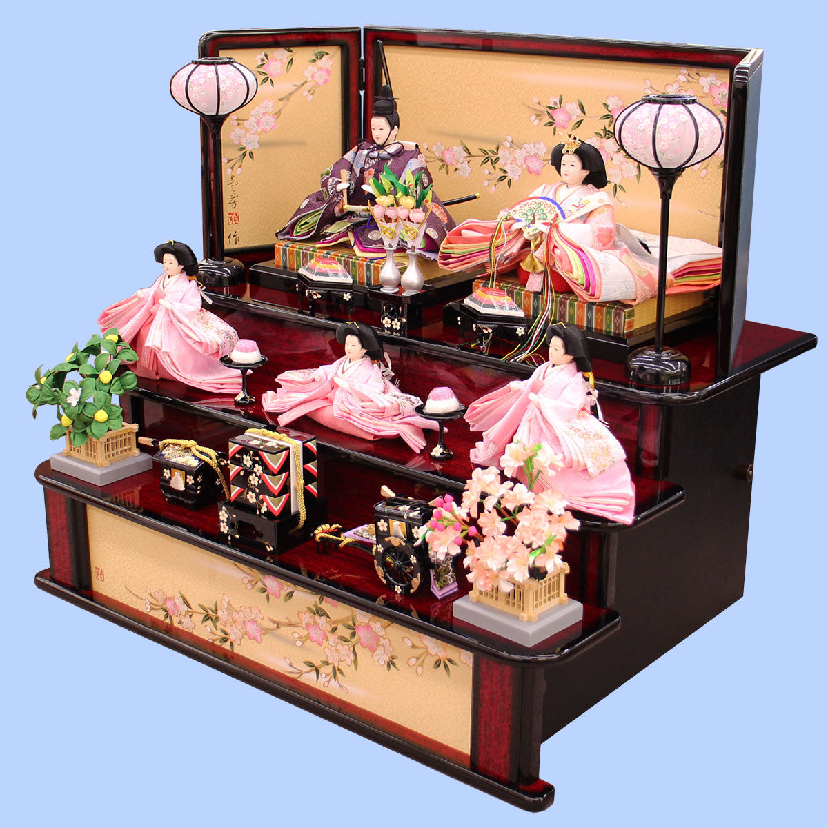 雛人形三段飾り 京十番金駒刺繍五人 家具調桜 横から