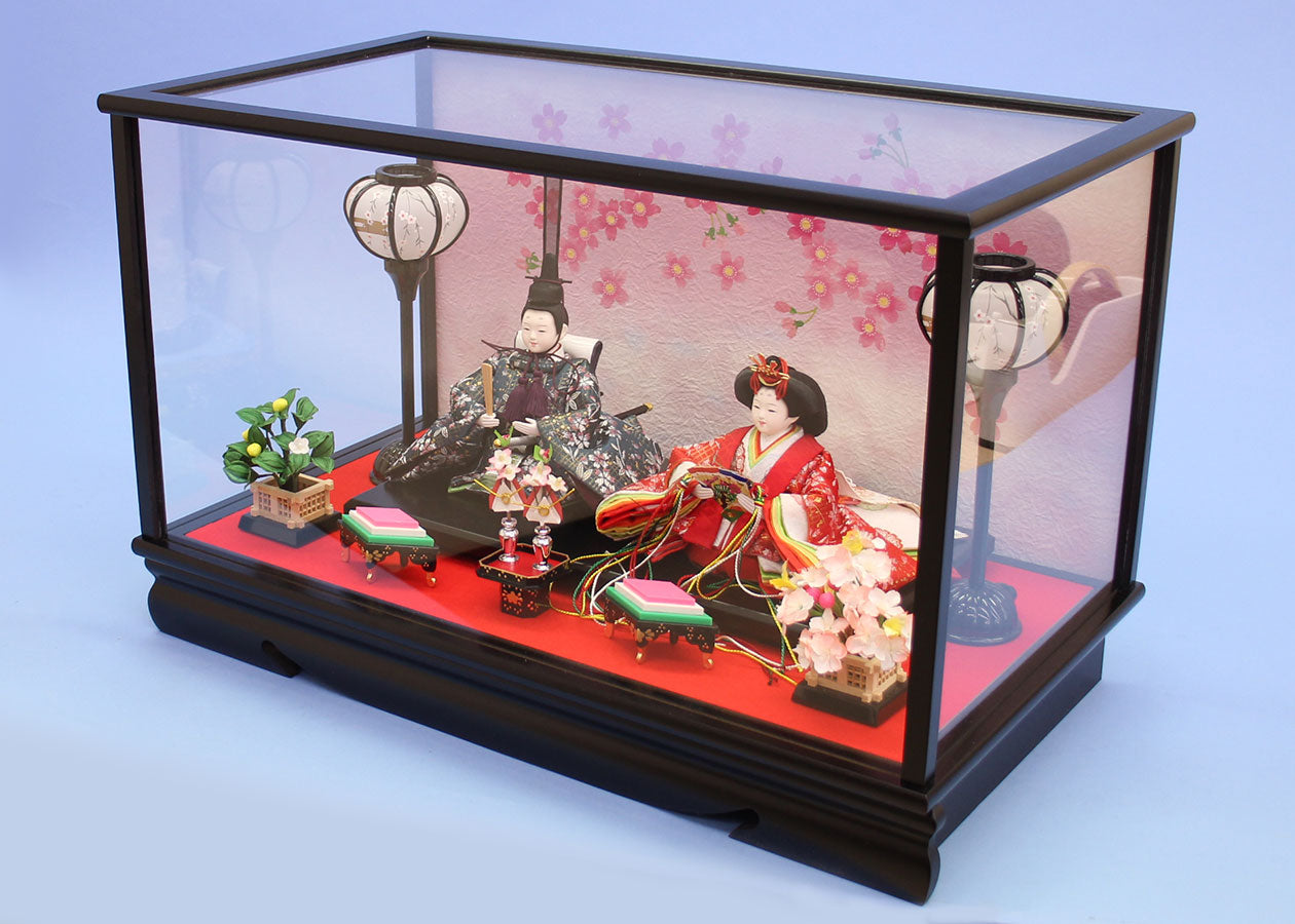 雛人形ケース飾り 飾るタイプ二人 小芥子紺赤親王 アーチ桜 横から