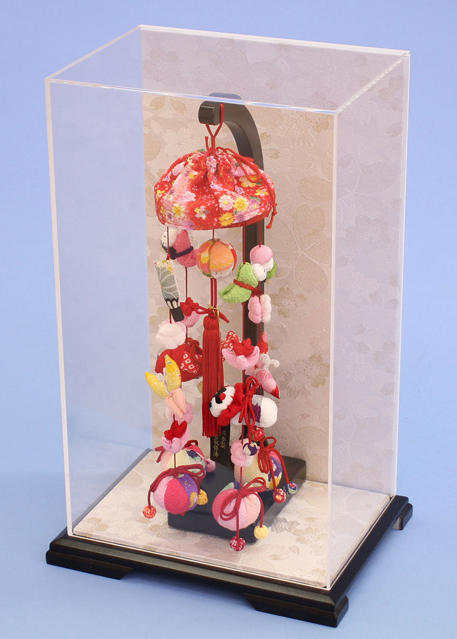 つるし雛ケース飾り 高さ40cm 8号豆千代ぼんぼり白桜 アクリルケース入りの可愛いコンパクトサイズ