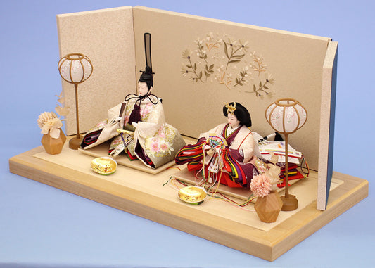 雛人形平飾り 京十二番正絹雪輪刺繍親王 刺繍小花集め 横から